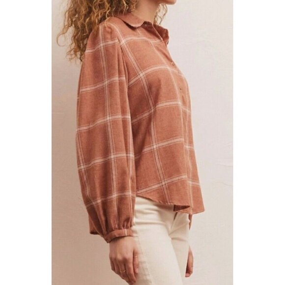 Z‎ Supply Overland Plaid Blouse In Brown Womens Large Evereve New - Picture 7 of 10